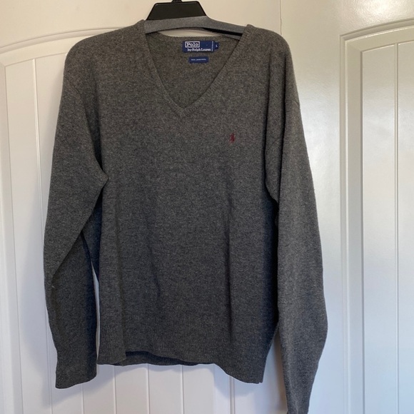 POLO Sweater by Ralph Lauren Mens Lambswool Sweater Vneck Grey Size L - Picture 1 of 8